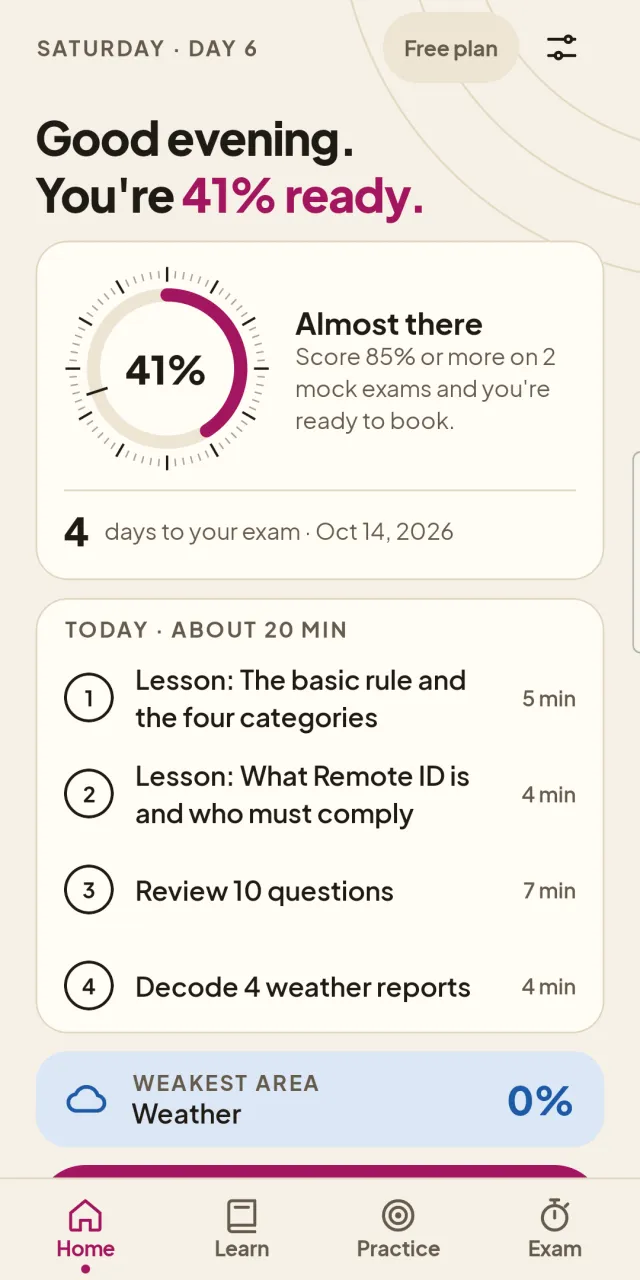 Home — your readiness score and a plan built back from your exam date