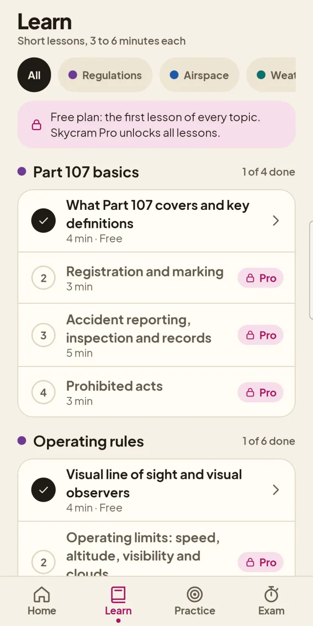 Learn — short lessons across every exam area, each with its FAA source